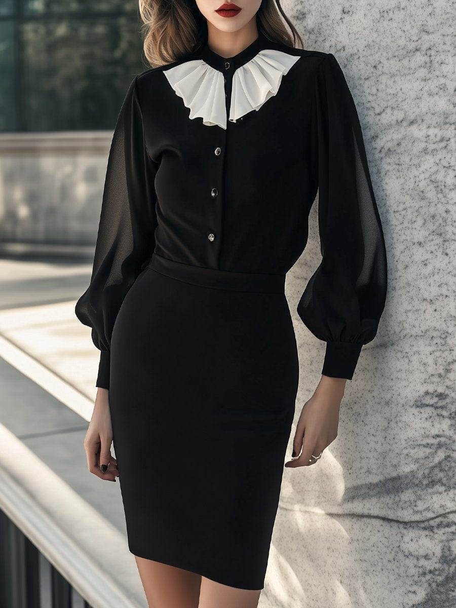 Elegant Black Dress with Statement White Ruffled Collar