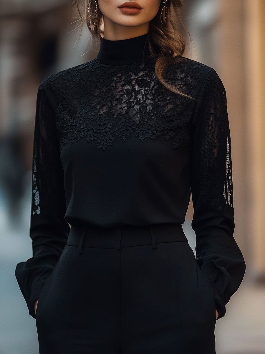 Elegant Lace Panel Long Sleeve Top