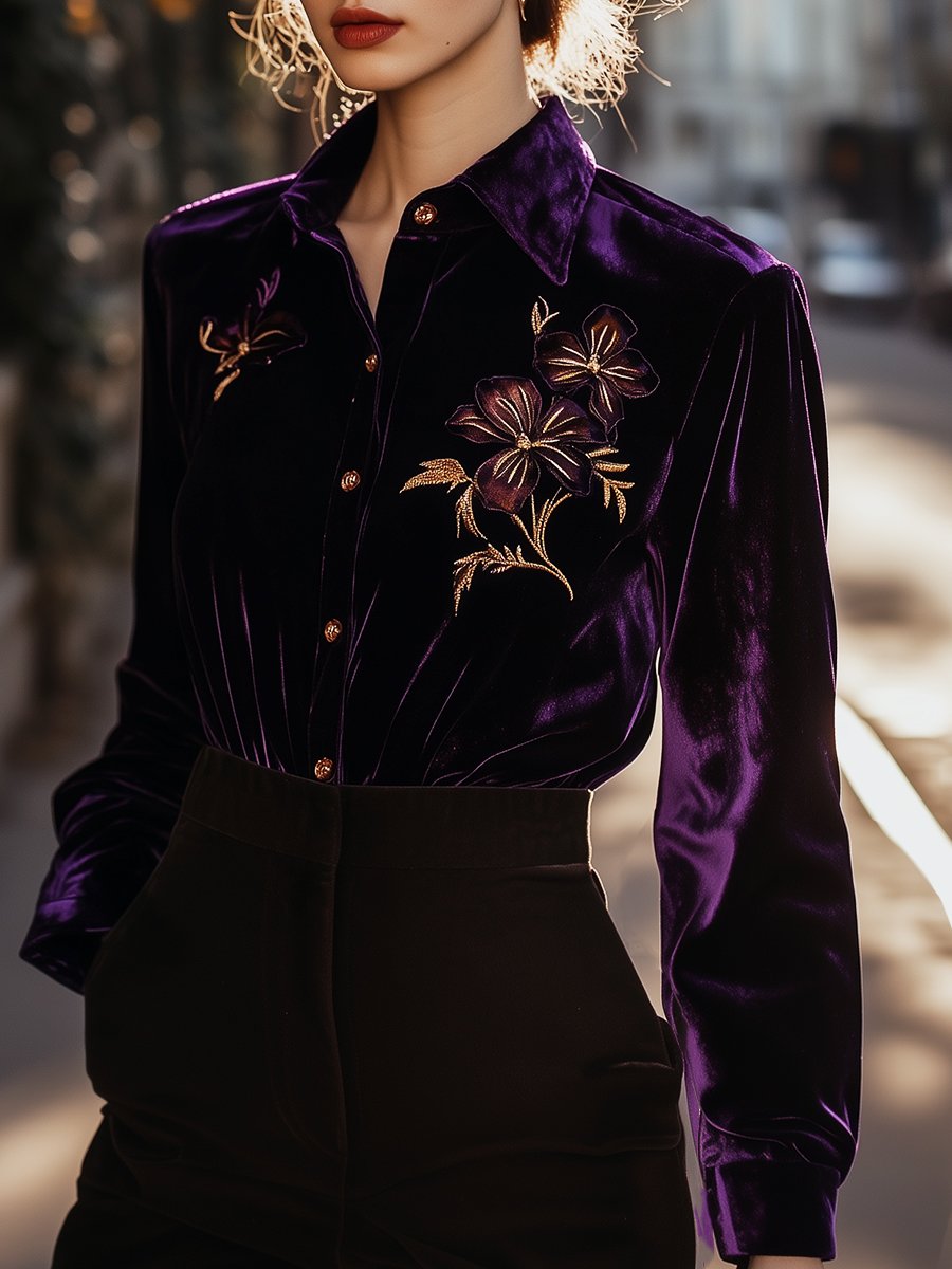 Velvet Blouse with Purple Floral Embroidery and Button-Down Front