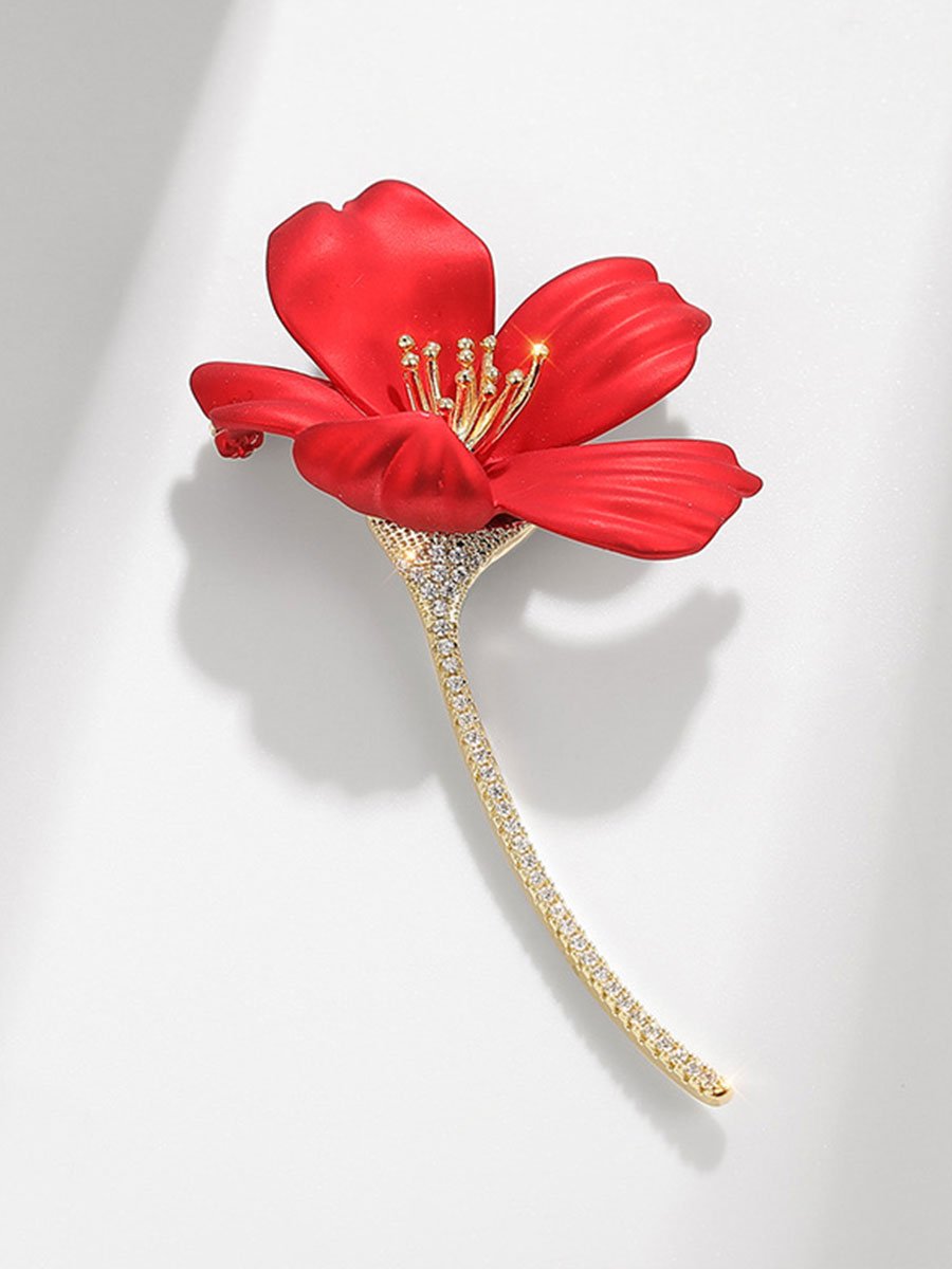 Chic Red Petal Brooch with Dazzling Stem Accent