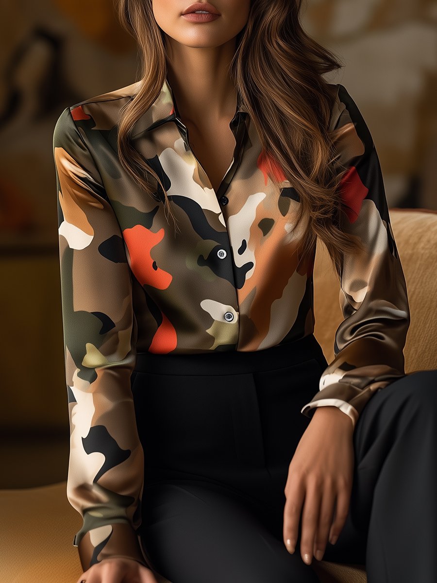 Chic Camouflage Satin Blouse with Earthy Tones