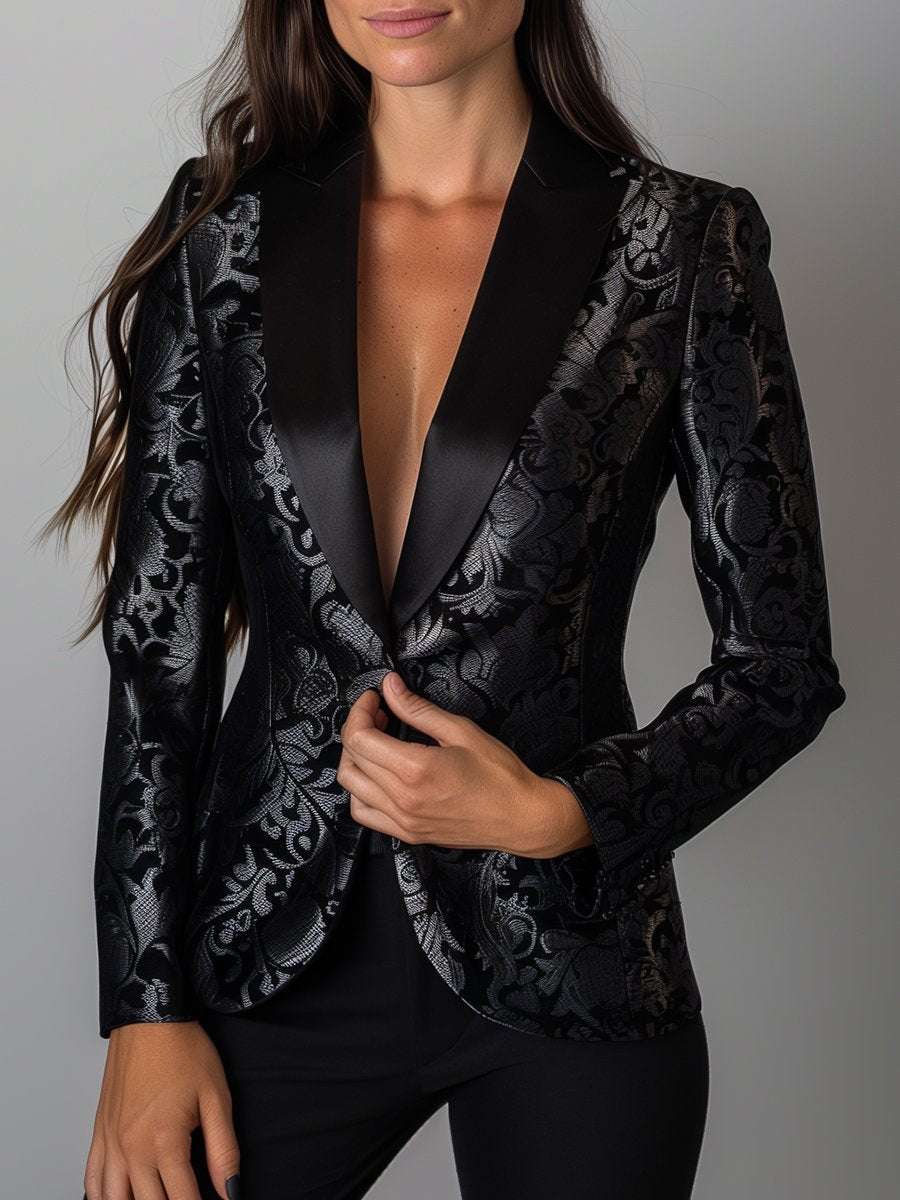 Blazer de lujo con estampado floral en jacquard negro y plateado