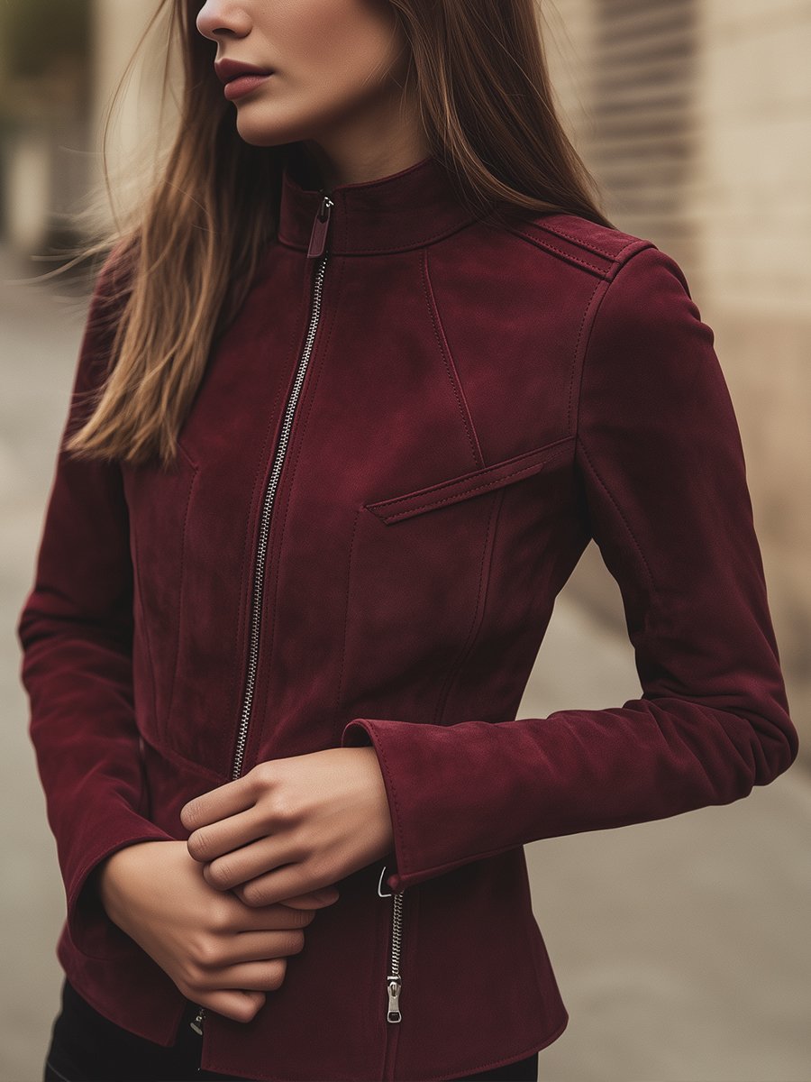 Chic Burgundy Suede Jacket with Tailored Fit and Zipper Accents