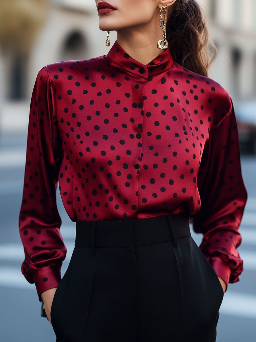 Sophisticated Satin Blouse in Bold Red with Black Polka Dots