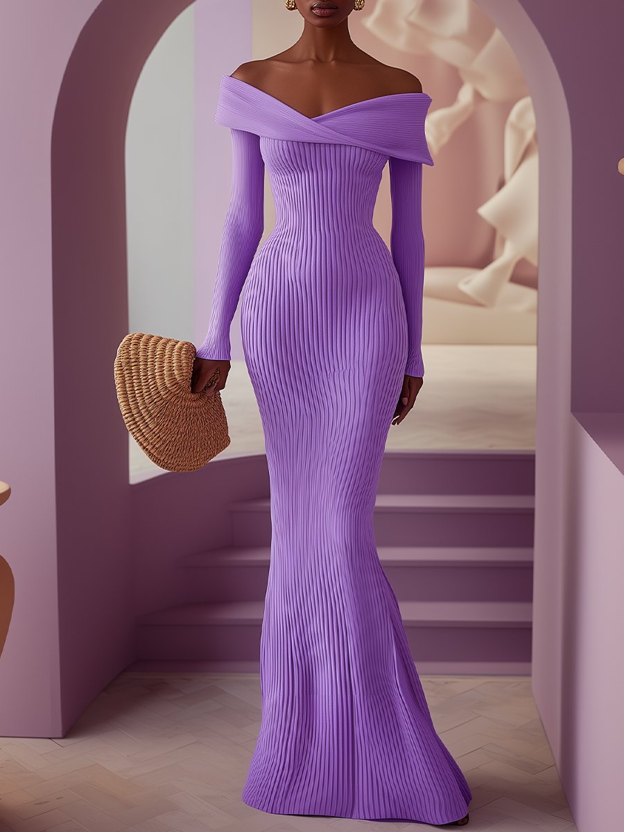 Long Lavender Mermaid Dress with Draped Shoulders