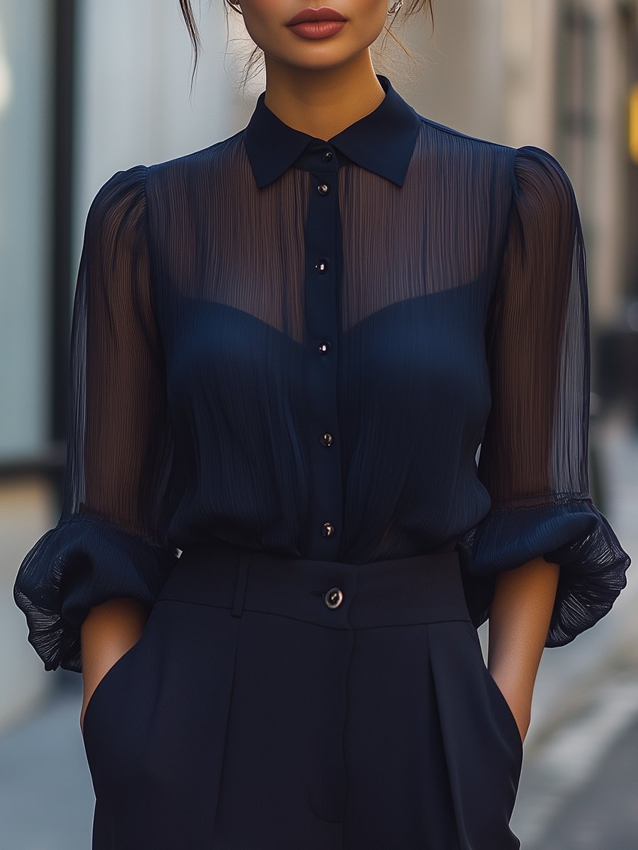 Elegant Navy Chiffon Blouse with Sheer Sleeves and Button Details