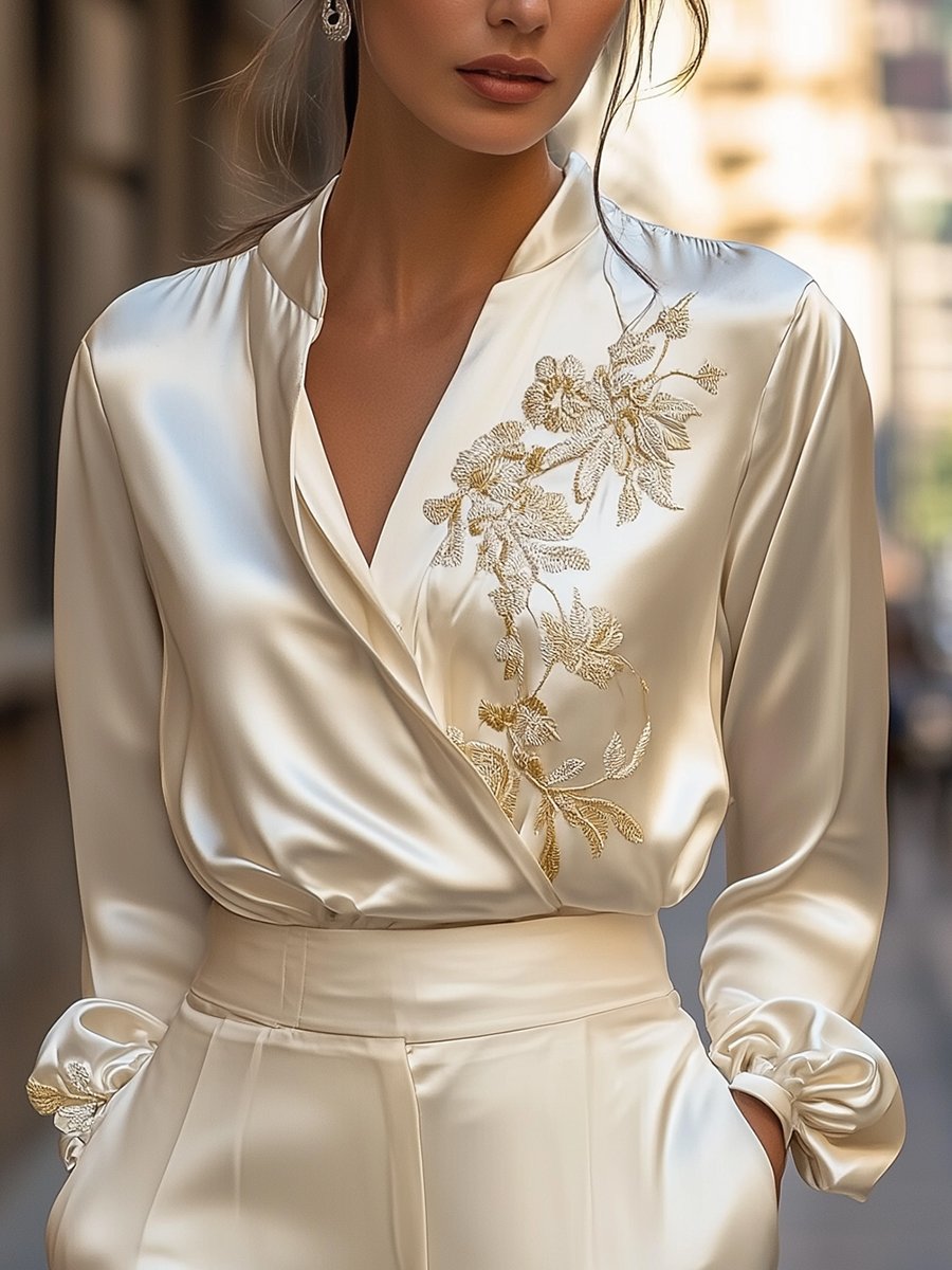 Classic Ivory Satin Blouse with Golden Embroidery Detail