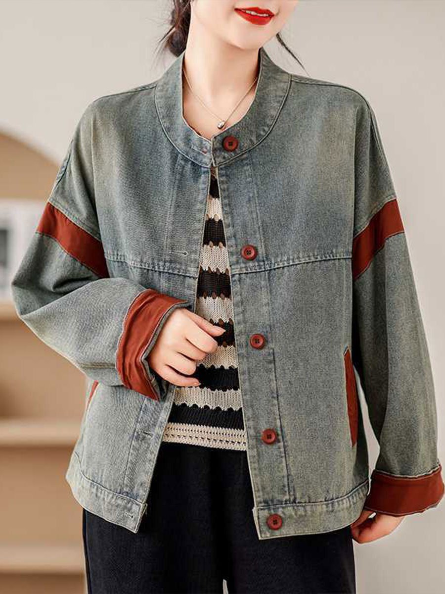 Casual Button-Up Denim Jacket with Brown Accent Trim