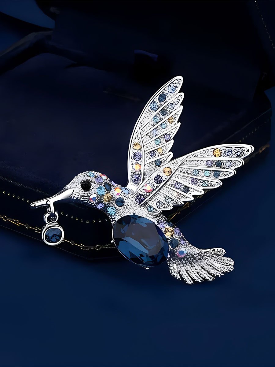 Crystal-Embellished Hummingbird Brooch