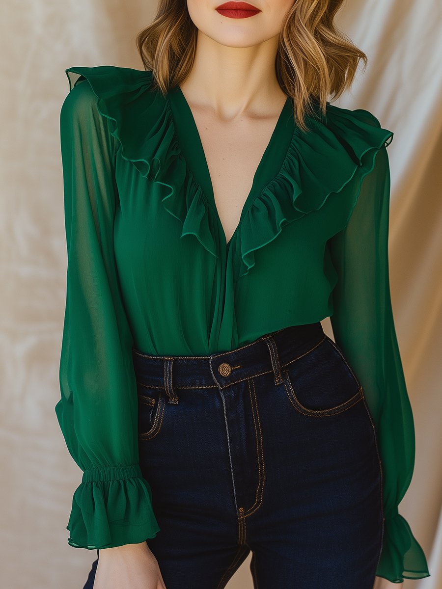 Green Chiffon Ruffle Blouse with Feminine V-Neckline