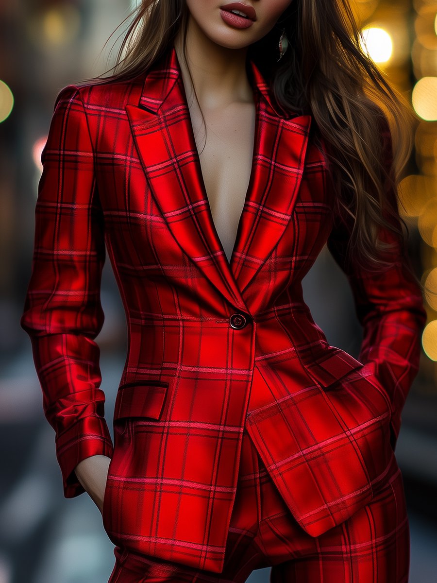 Elegant Festival Satin Blazer with Red Plaid Printed