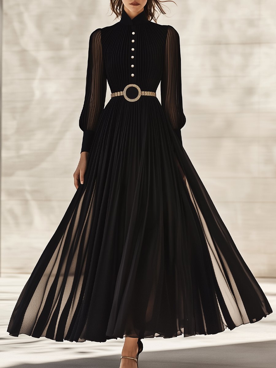 Elegant Black Pleated Maxi Dress with Sheer Sleeves