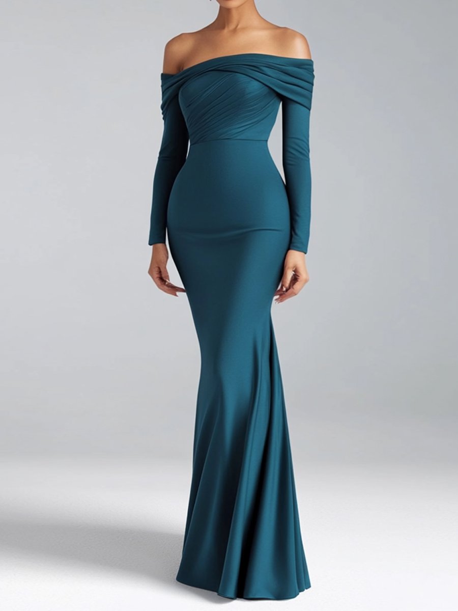 Teal Off-Shoulder Evening Gown with Draped Bodice