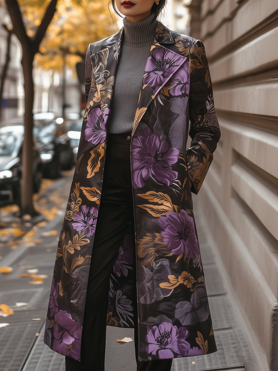 Black and Purple Satin Floral Printed Trench Coat