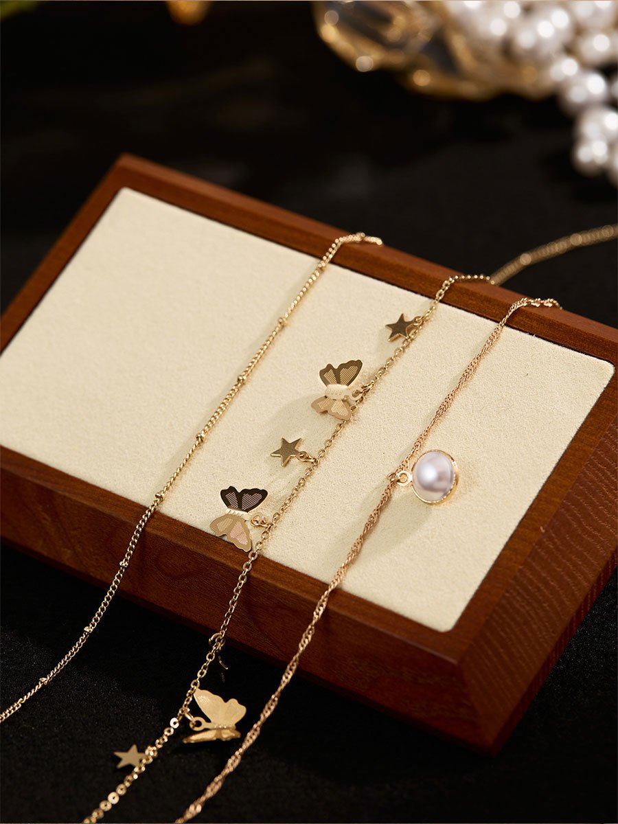 Delicate Gold Butterfly Charm Necklace with Pearl Pendant