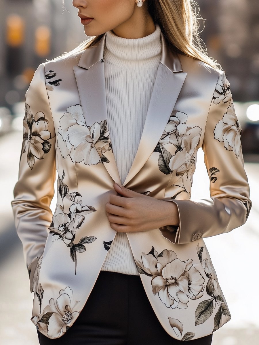 Elegant Satin Blazer with Soft Floral Motifs