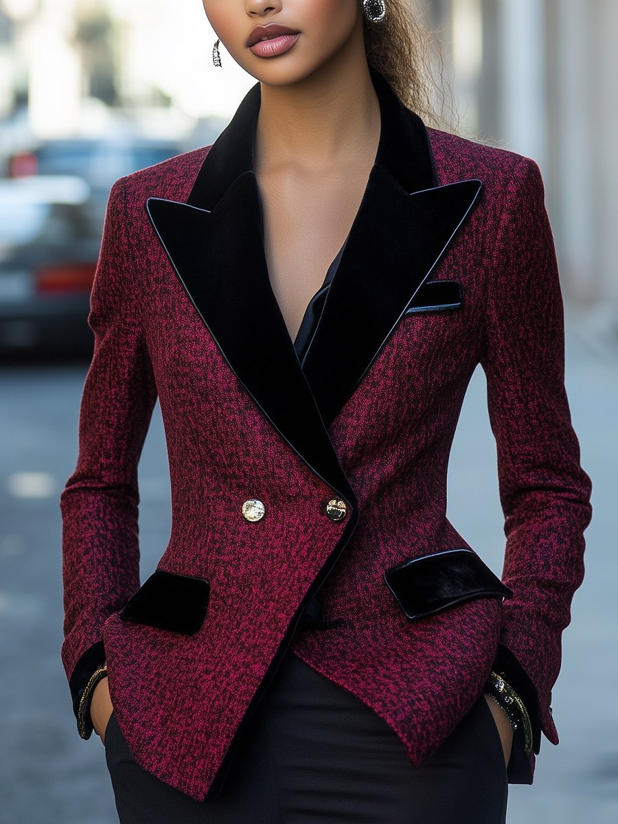 Elegant Burgundy Tweed Blazer with Black Velvet Lapels