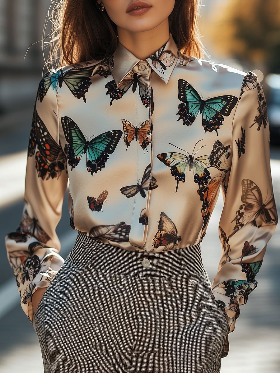 Satin Blouse with Multicolor Butterfly Print