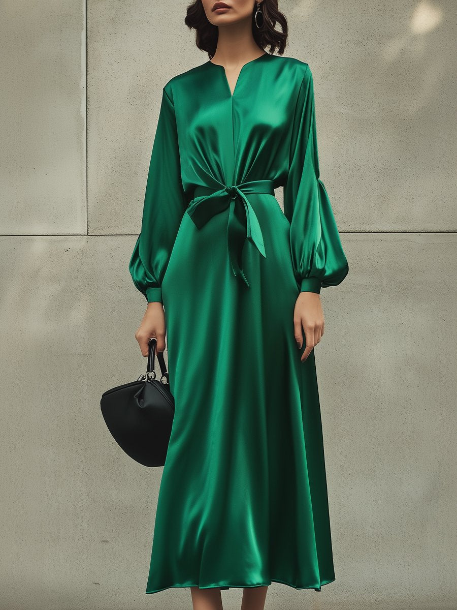 Sophisticated Green Satin Tie-Waist Maxi Dress