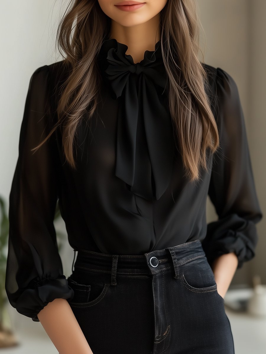 Black Chiffon Bow-Tie Blouse with Sheer Details and Puff Sleeves