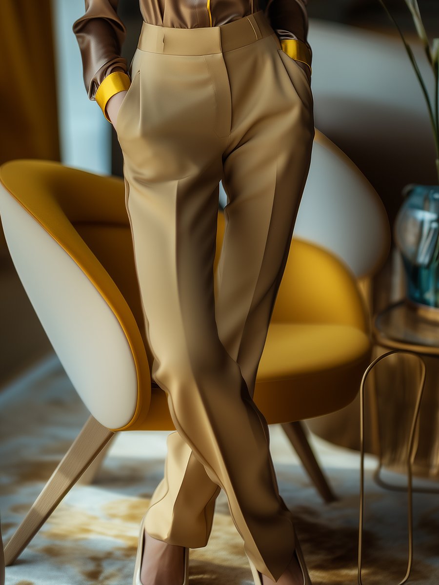 Warm Brown Satin Pants with High-Waisted Design