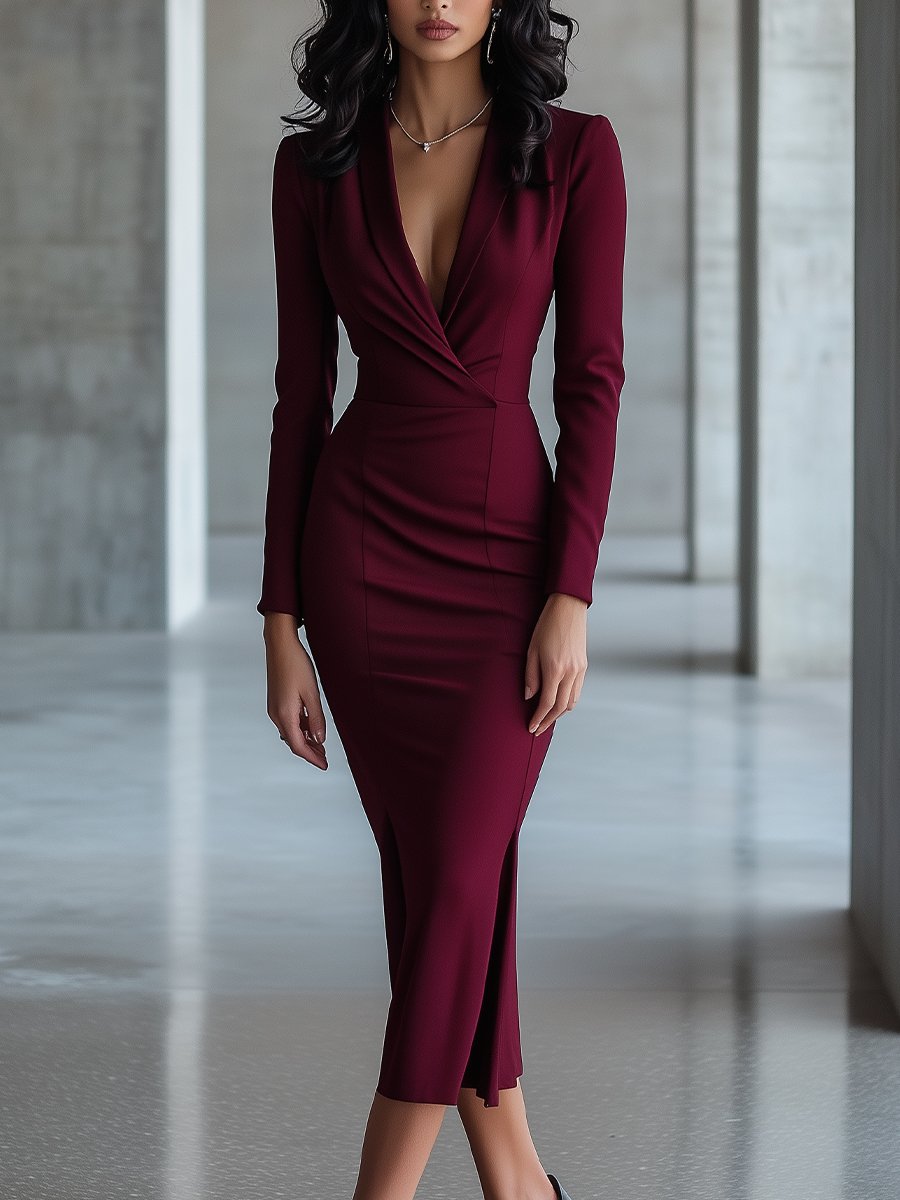 Sophisticated Burgundy V-Neck Bodycon Dress for Evening Elegance