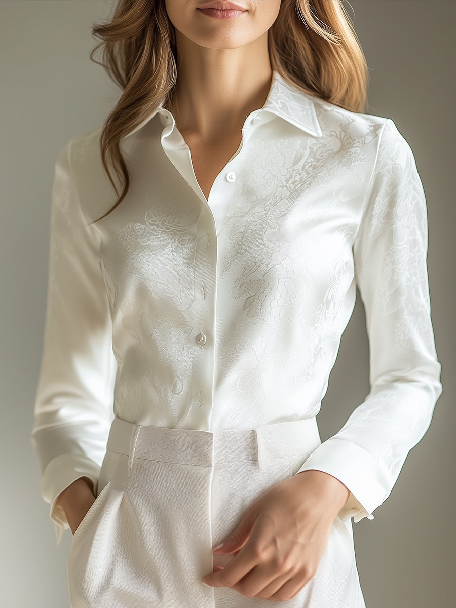 Elegant Ivory Satin Jacquard Shirt