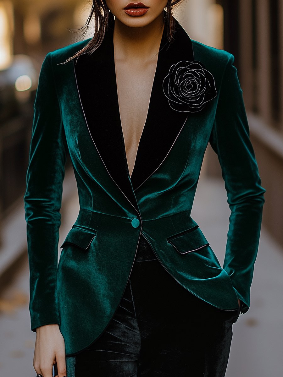 Emerald Velvet Blazer with Satin Lapels and Rose Embroidery