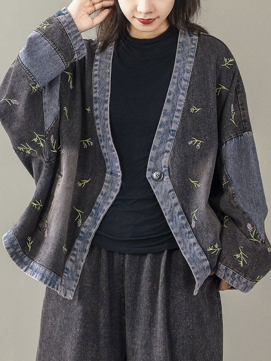 Floral Embroidered Denim Cardigan with Patchwork Details