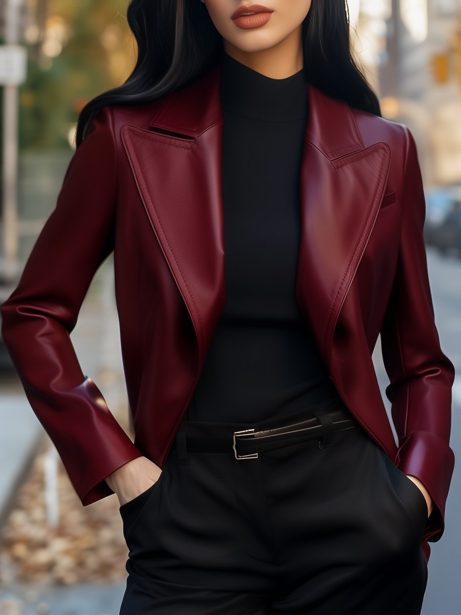 Burgundy Faux Leather Tailored Blazer