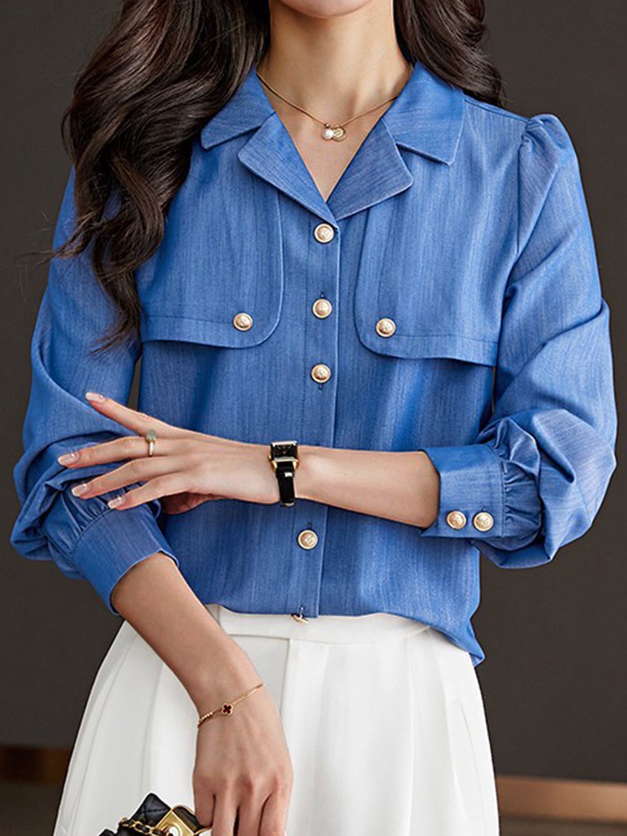 Chic Blue Button-Up Blouse with Gold Buttons