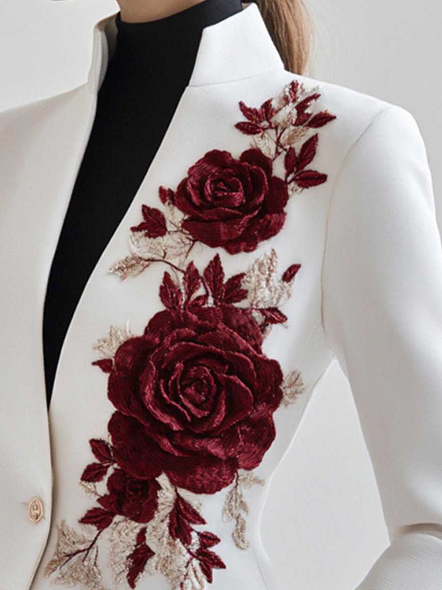 Chic White Blazer with Red Rose Embroidery – Mooyius