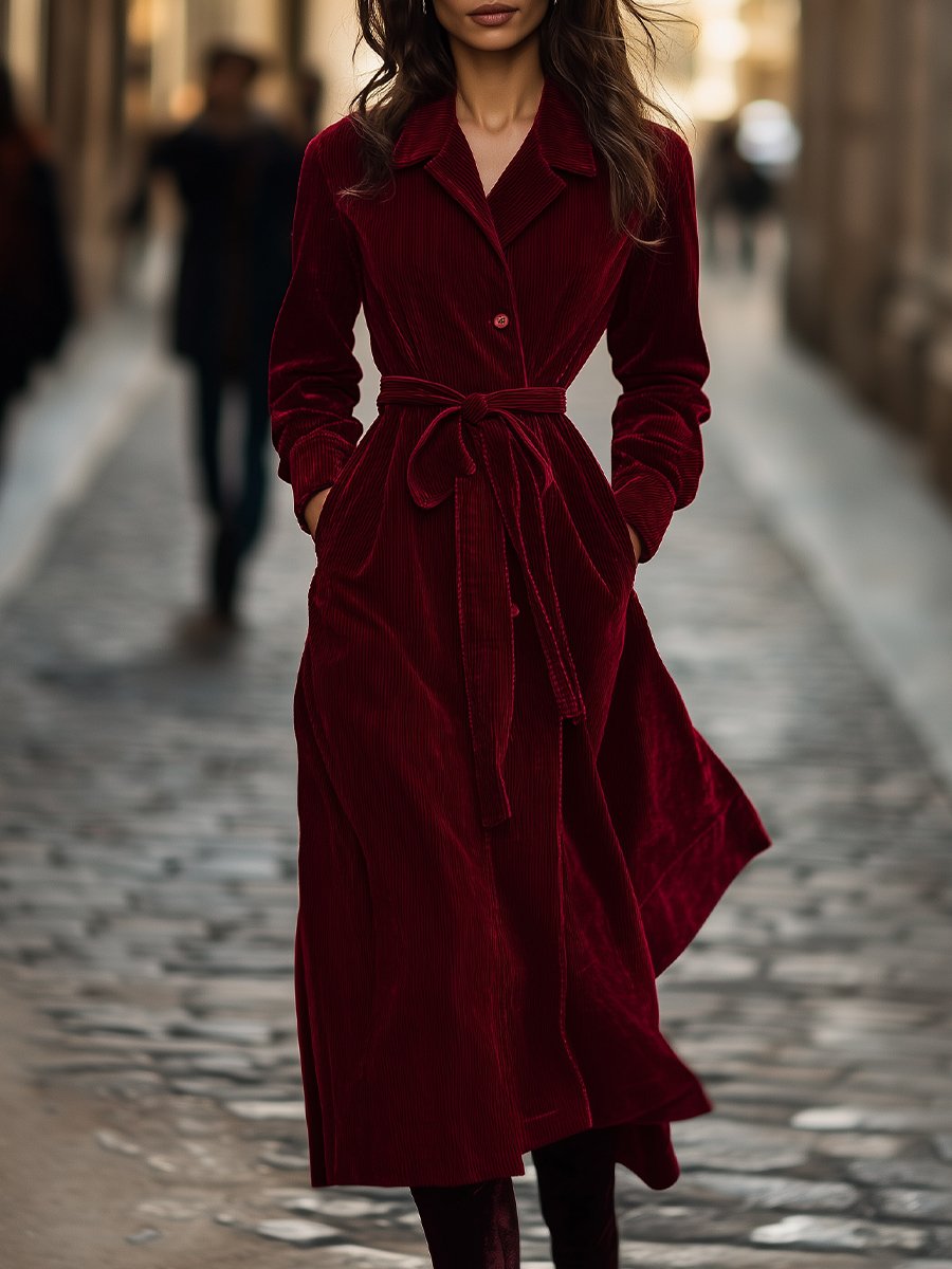 Classic Wine Red Corduroy Shirt Dress with a Stylish Belt Accent