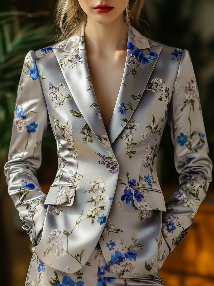 Silver Satin Blazer with Blue Floral Print