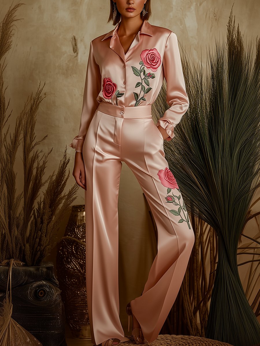 Stylish Pink Rose Embroidered Satin Blouse and Pants Set