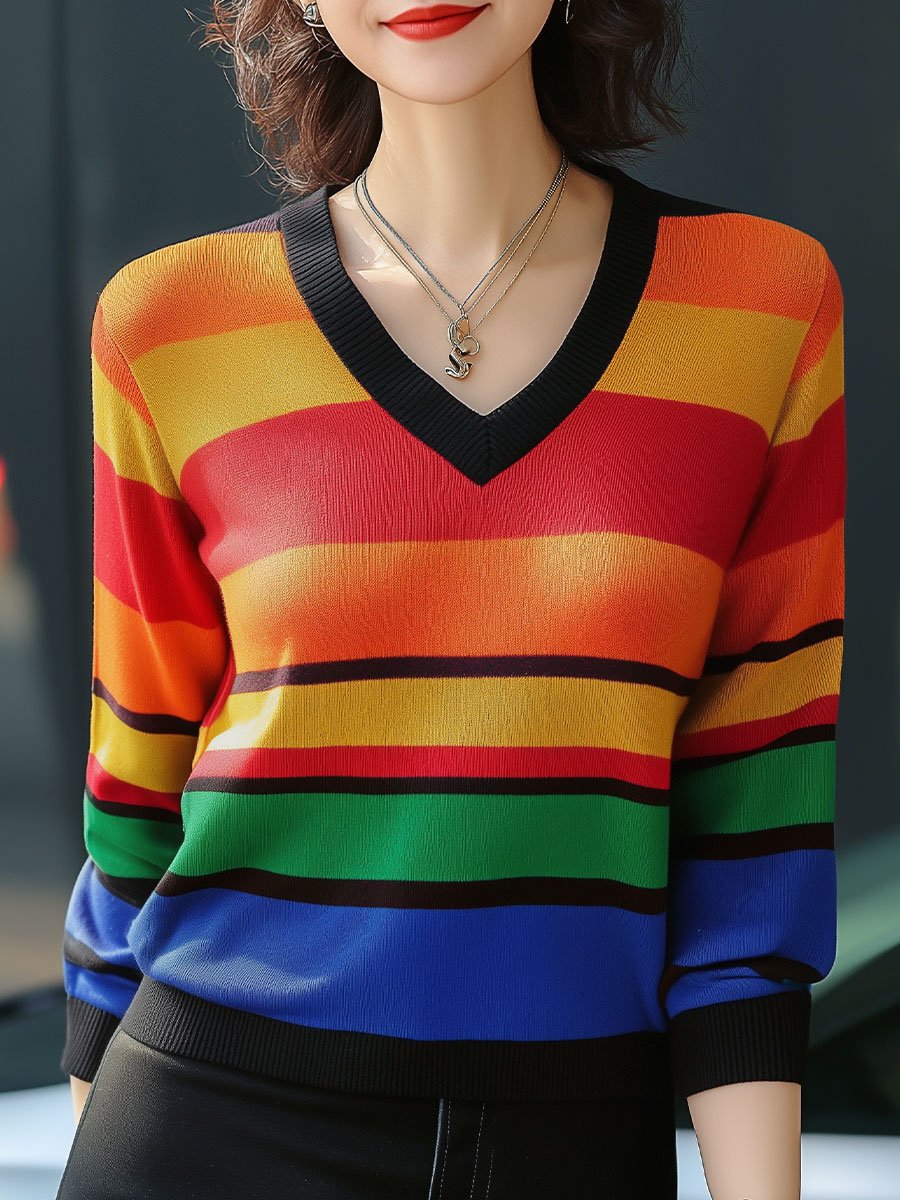 Vibrant Rainbow Striped V-Neck Sweater