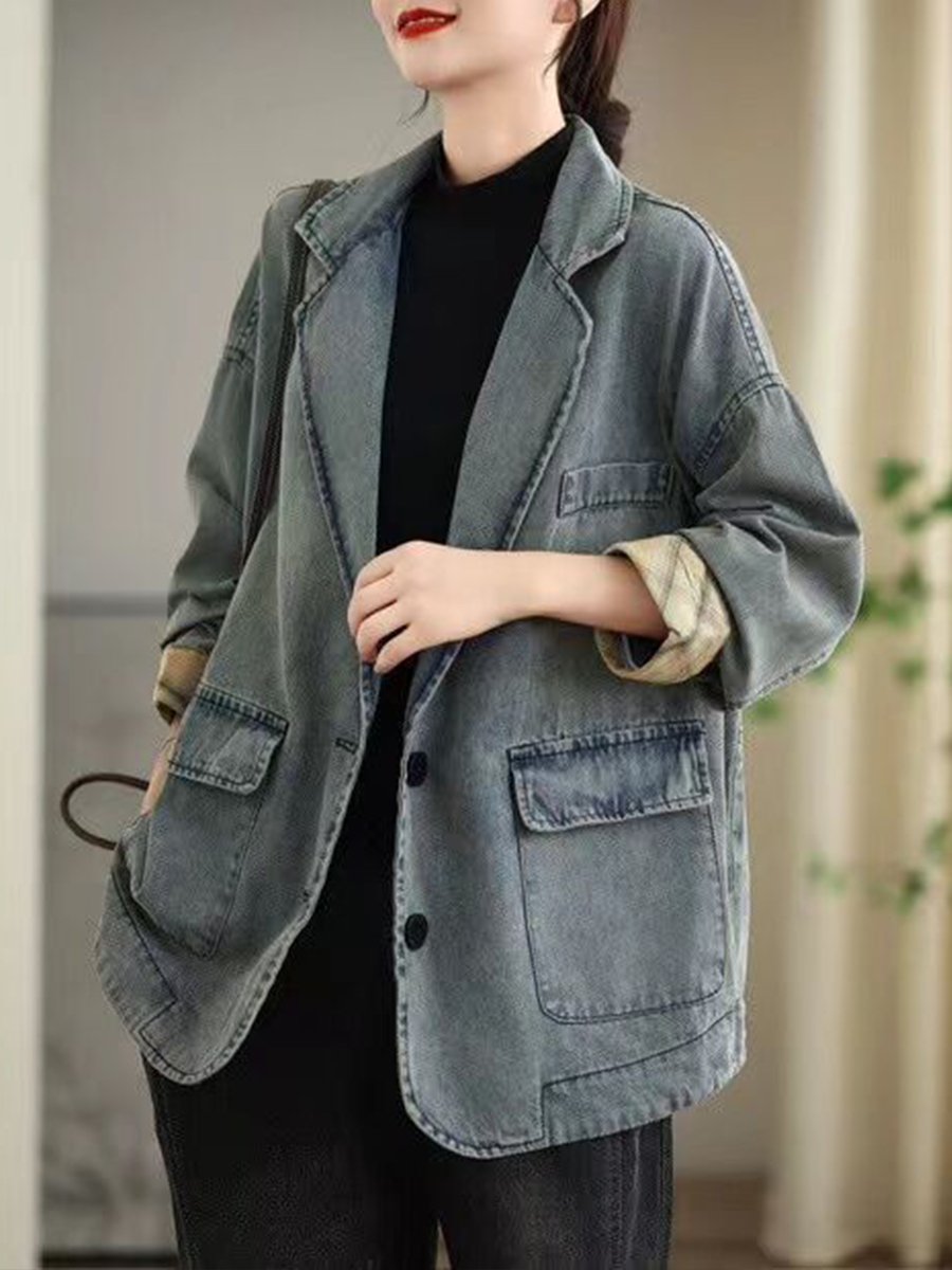 Oversized Casual Denim Blazer Jacket with Turned Cuffs