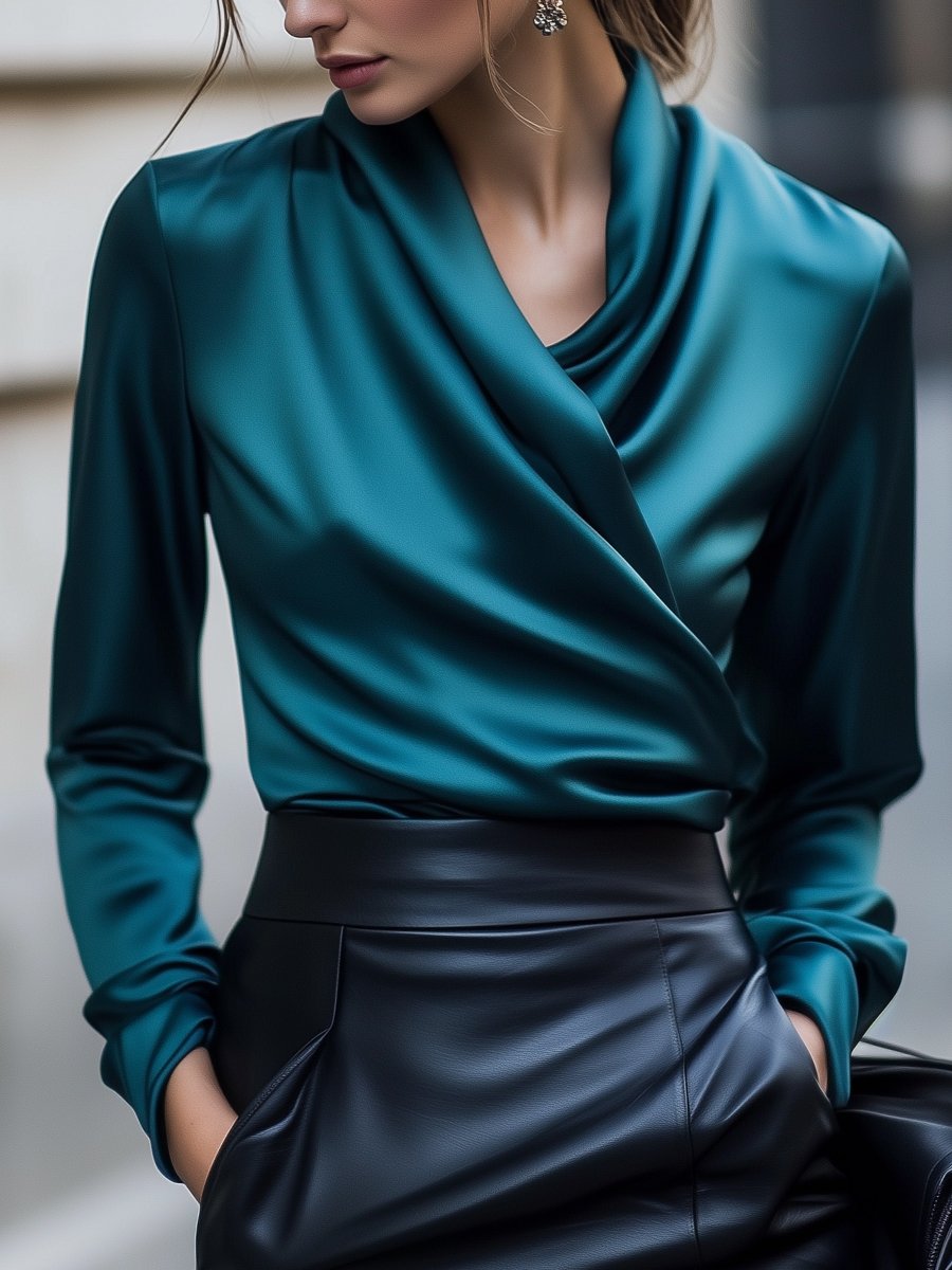 Vintage Teal Satin Blouse with V-neck Design