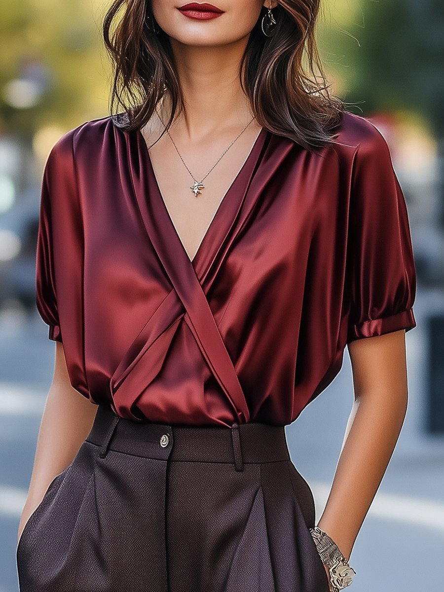 Burgundy Satin Blouse with Puff Sleeves