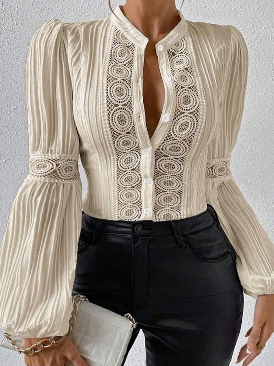 Sophisticated Long-Sleeve Lace Trim Blouse