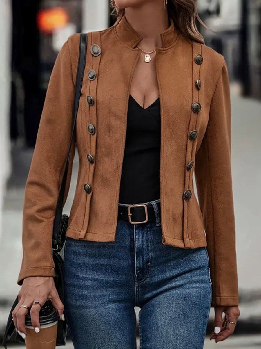 Stylish Solid Color Double-Breasted Embellished Suede Jacket