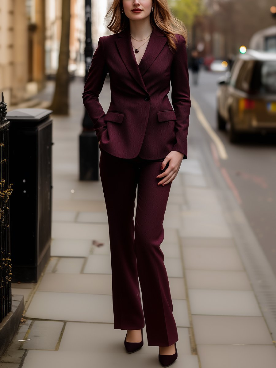 Elegant Burgundy Twill Suit with Clean Lines for Urban Sophistication