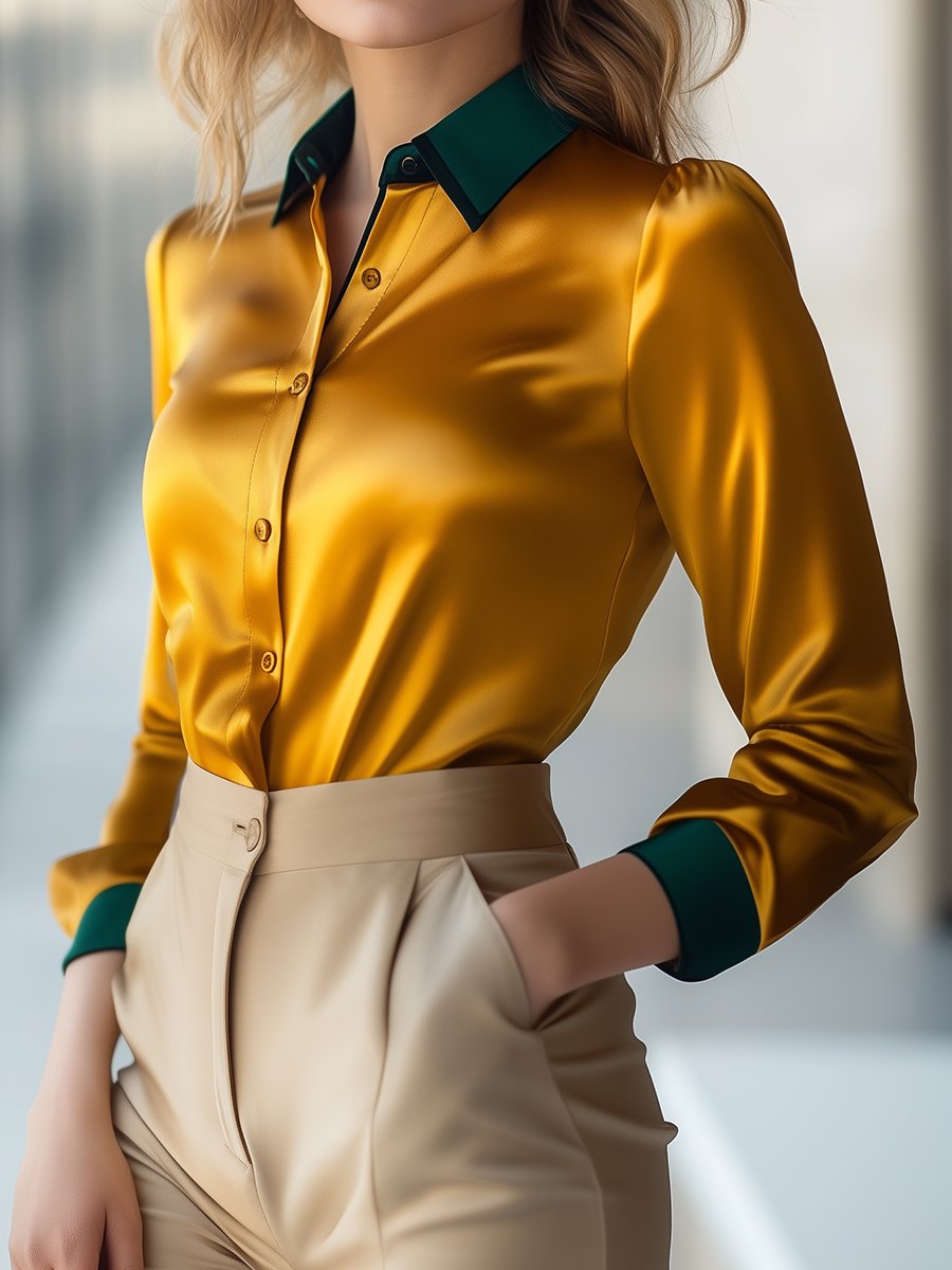 Golden Satin Blouse with Forest Green Contrast Collar