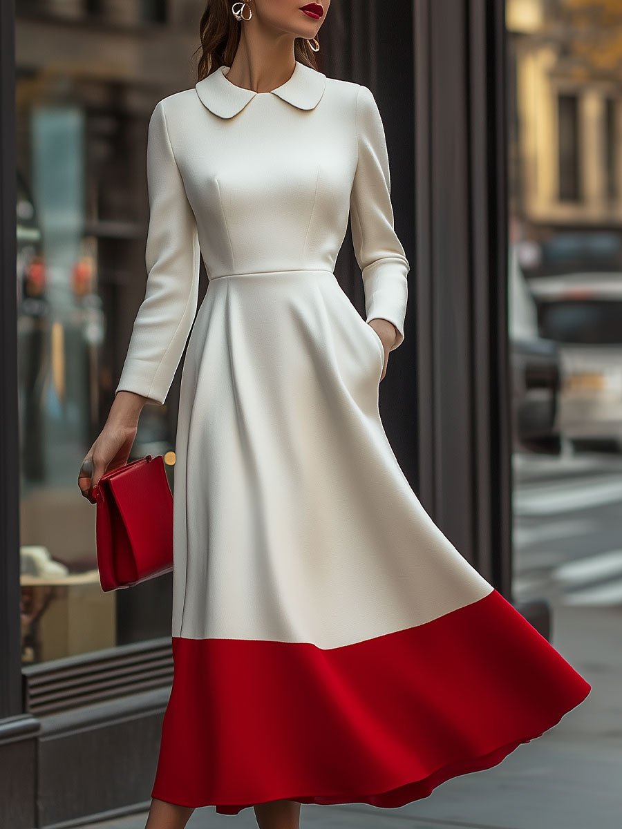 Vintage-Inspired Ivory and Red Colorblock Dress