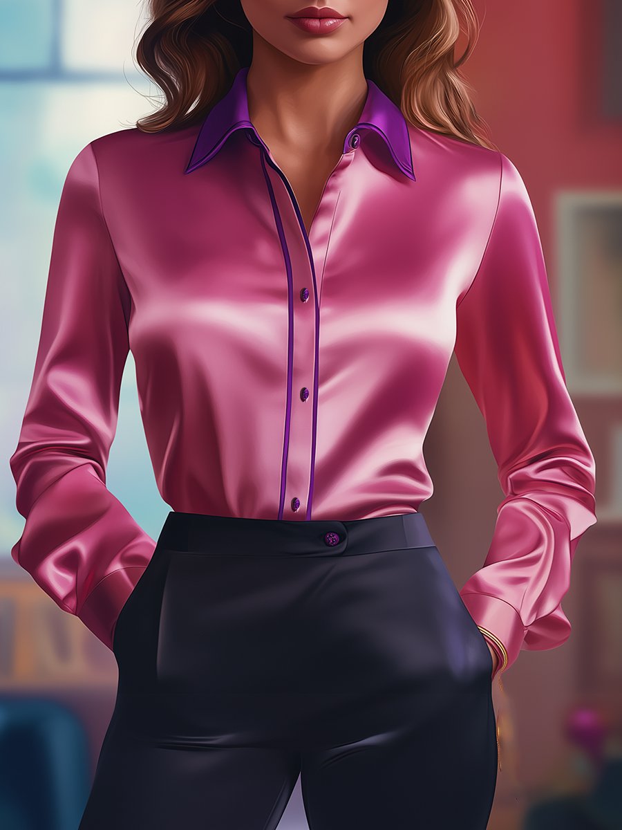 Bold Satin Blouse with Vibrant Pink and Purple Contrasts