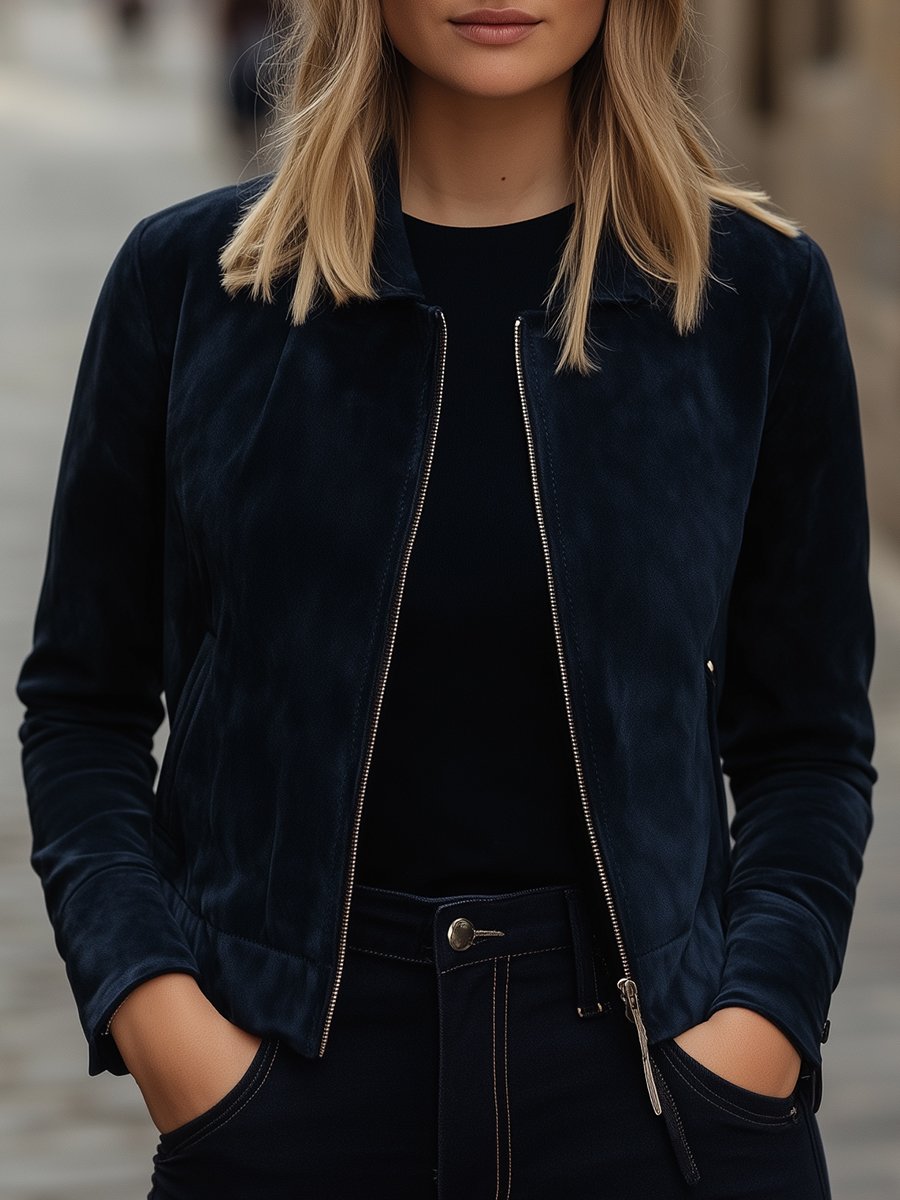 Classic Navy Suede Jacket with Sleek Silhouette and Zipper Detail"