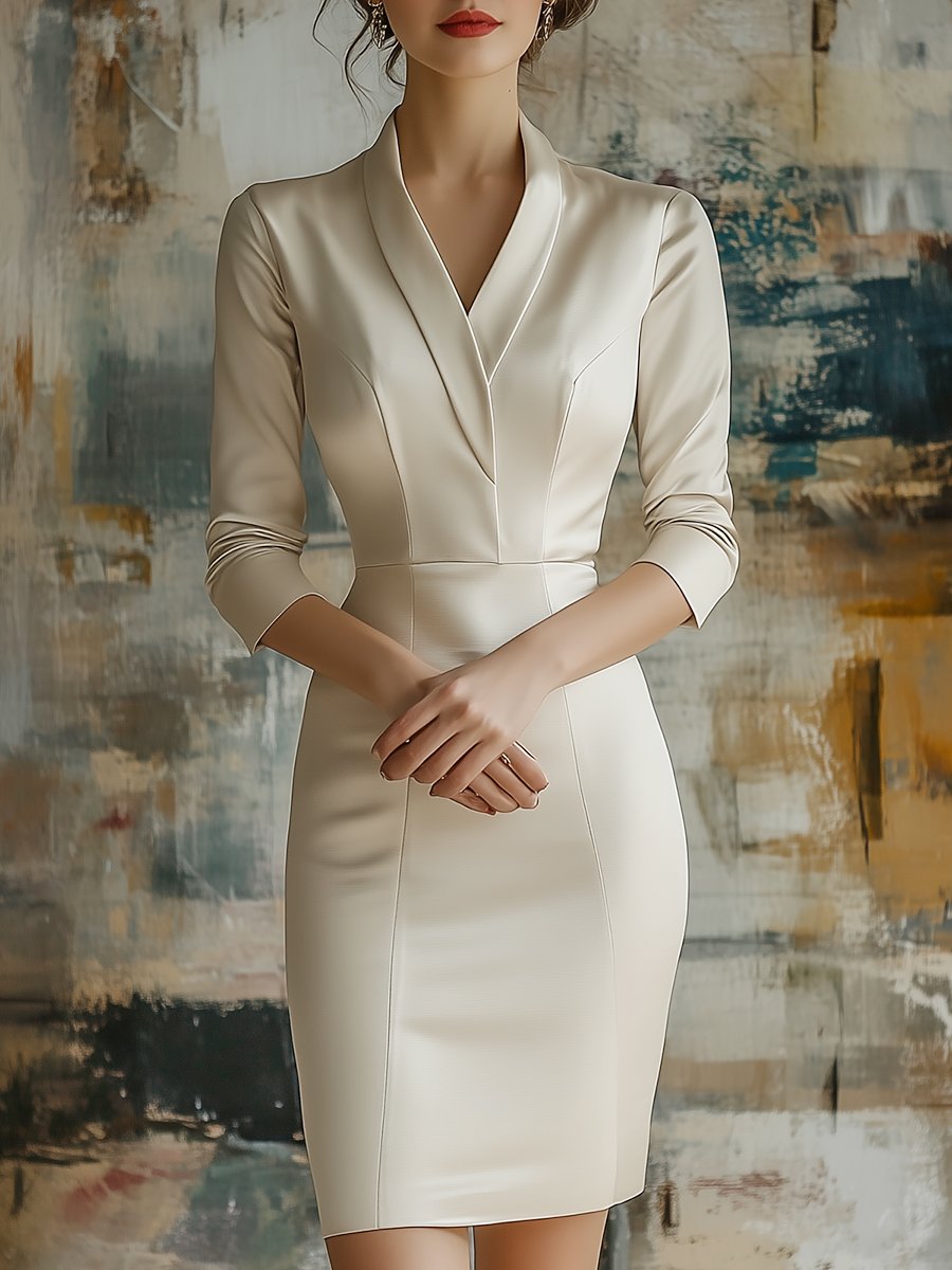 Ivory Satin Shawl Lapel Dress with 3/4 Sleeves