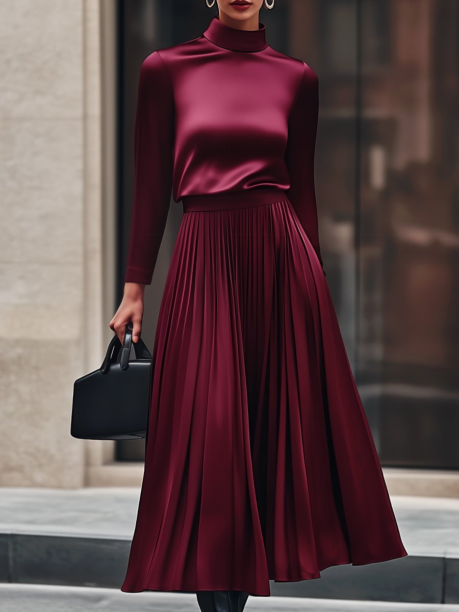 Burgundy Satin Turtleneck Blouse and Pleated Skirt Suit