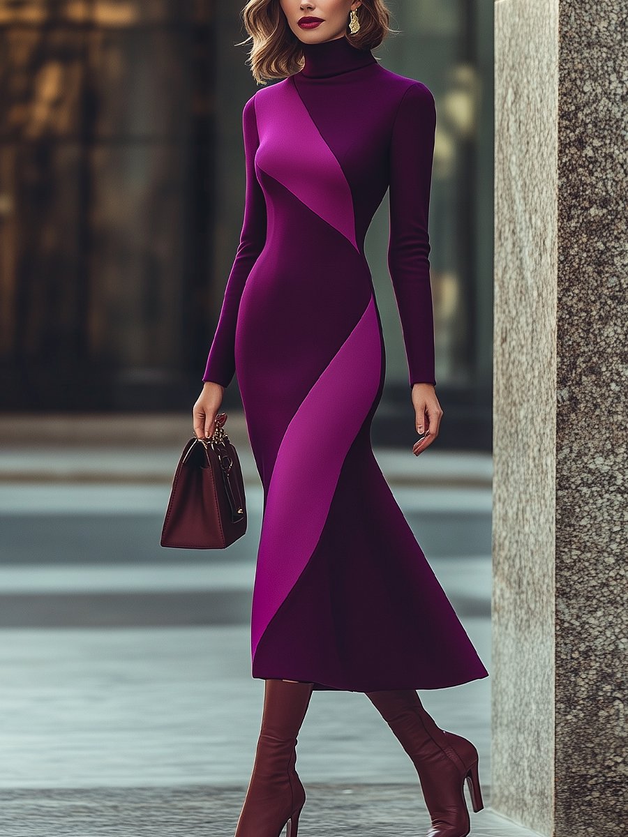 Elegant Plum and Lavender Slim-Fit High-Neck Dress