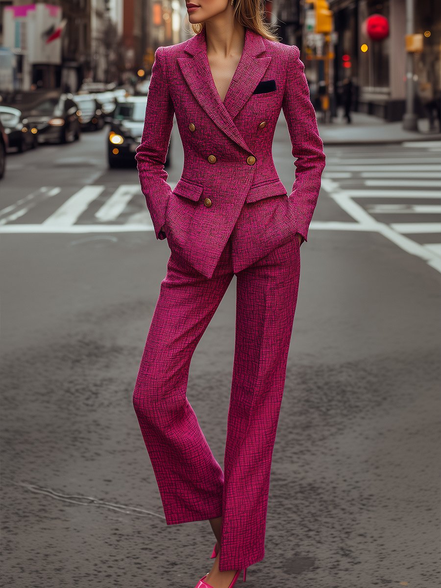 Bold Fuchsia Tweed Suit with Sleek Tailoring and Contrasting Accents